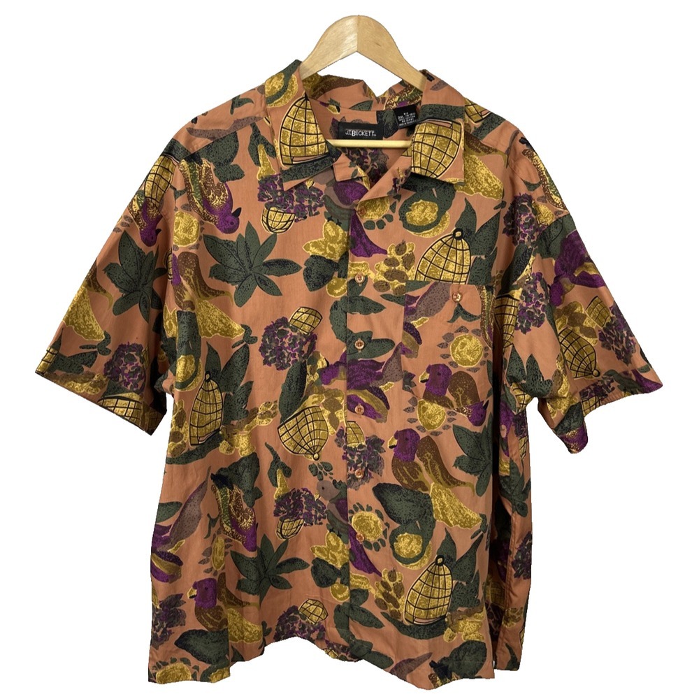 JT Beckett Hawaiian Shirt Birds Birdcages Tropical Vintage Mens‎ 2XL Aloha Tiki